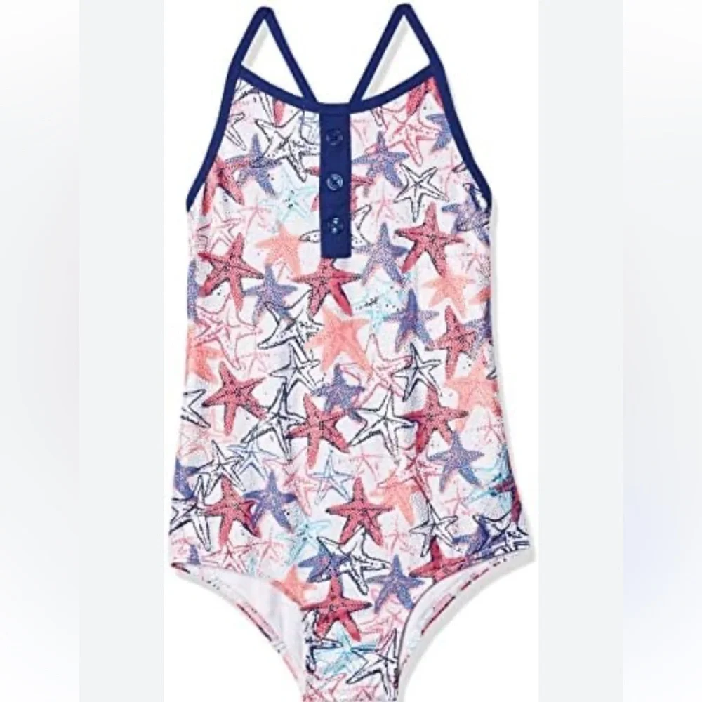 Hatley one piece blue and pink metallic sea stars swimsuit, crisscross back 3t